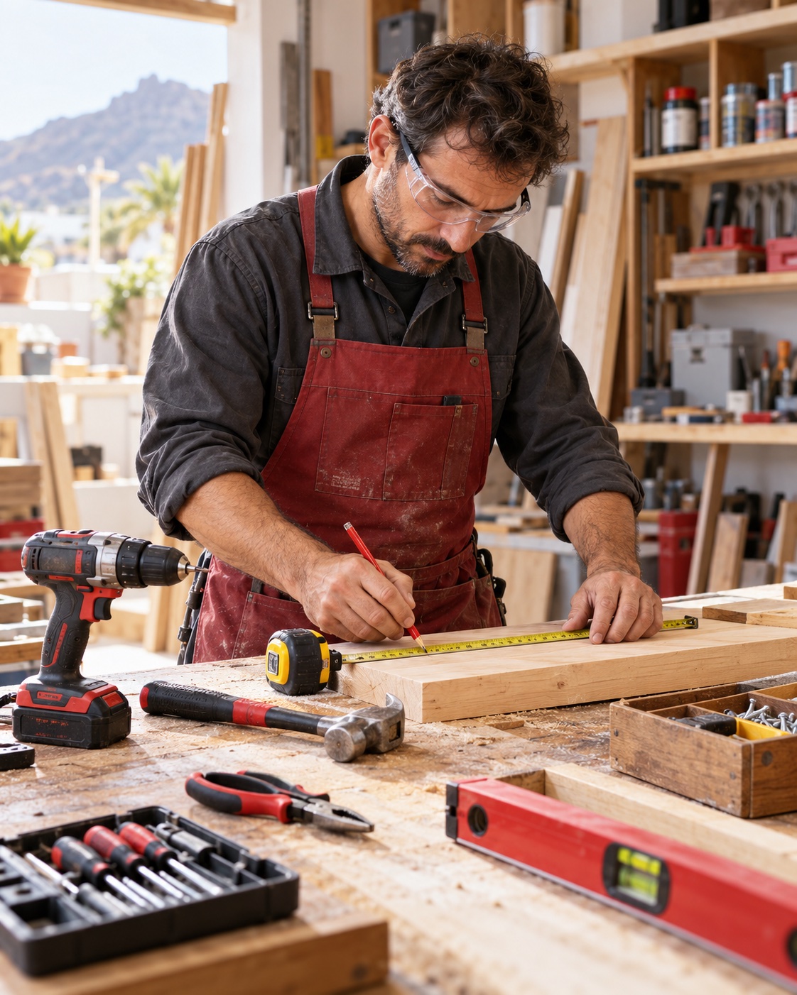 Trabajador preparando una pieza con varias herramientas, imagen ilustrativa generada
